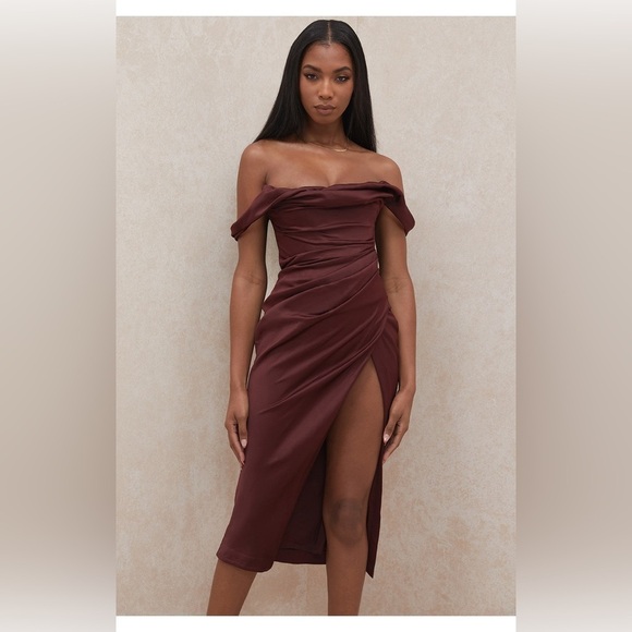 HOUSE OF CB / Rhoda Off the Shoulder Corset Dress brown raisin satin XS - Picture 5 of 11